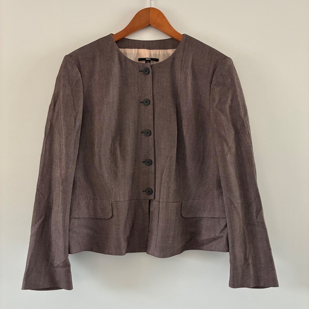 Hugo Boss Blazer Wom 12 Brown Jemeanne Collarless Wool Blend Jacket Professional